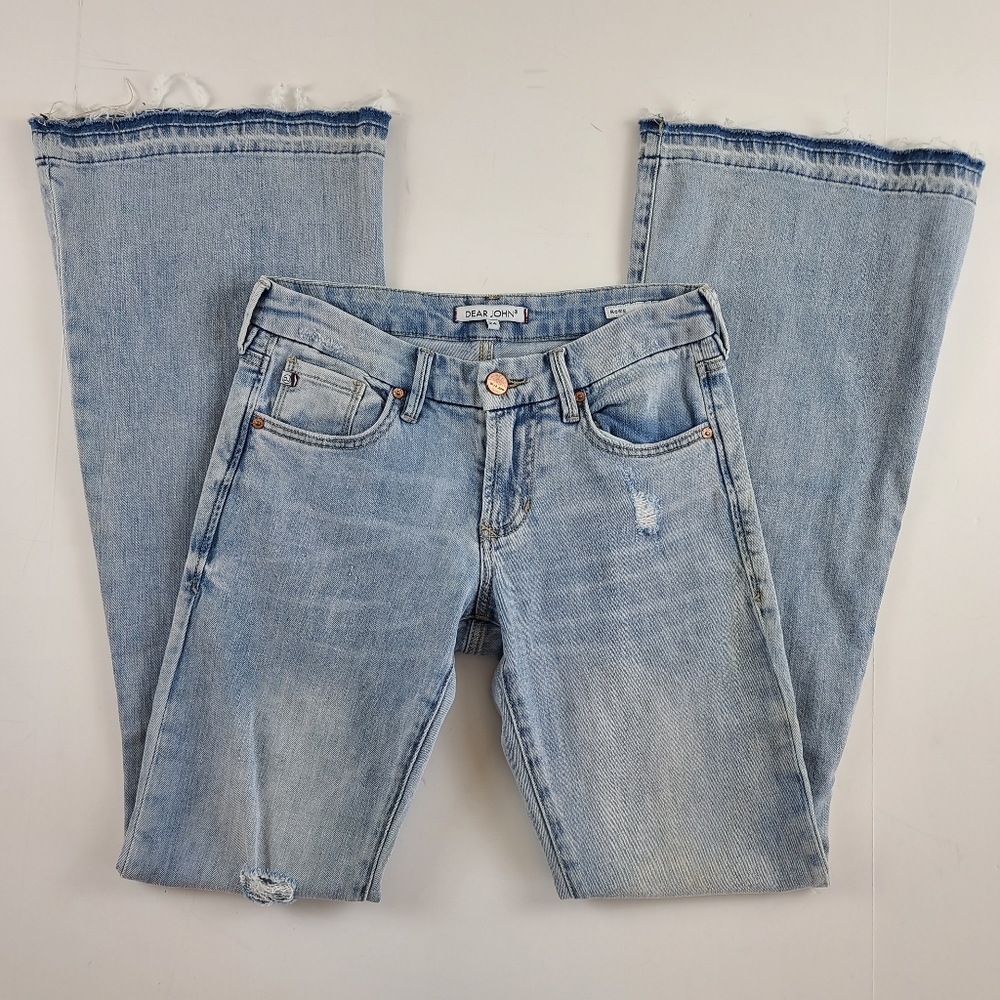 Dear John Light Wash Distressed Mid Rise Flare Jeans Size 24